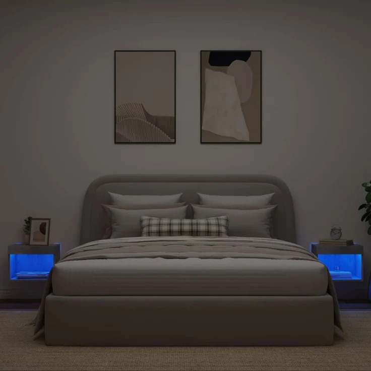 2er-Set Wand-Nachttische, Beistelltische Schlafzimmer mit LED-Leuchten Betongrau – Bild 4