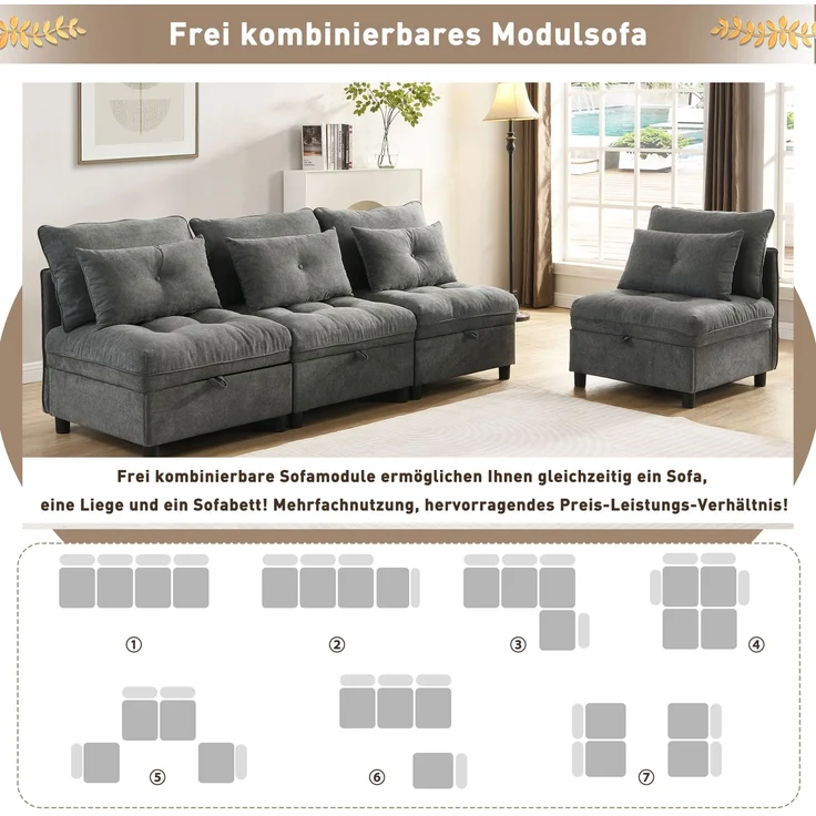ZUBALIYA Wohnlandschaft, mit Stauraum, mit Chenille - Bezug, mit Samtbezug, mit Knopfheftung, modular aufgebaut – Bild 10