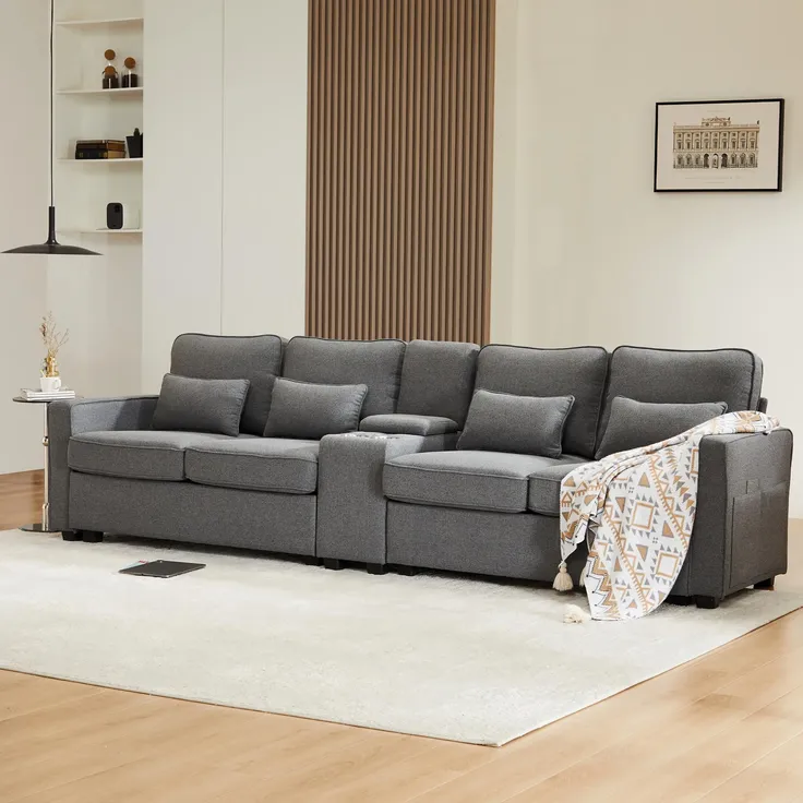 Big-Sofa, 4-Sitzer inkl. loser Zier- und Rückenkissen, Zwischentisch, USB-Anschlüssen, Polstersofa, Wohnzimmersofa, Leinen – Bild 2