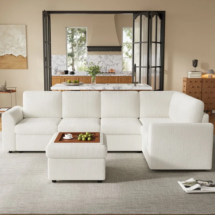 Ecksofa 282x153x85 cm aus Cord in Beige mit Schlaffunktion und Stauraumhocker