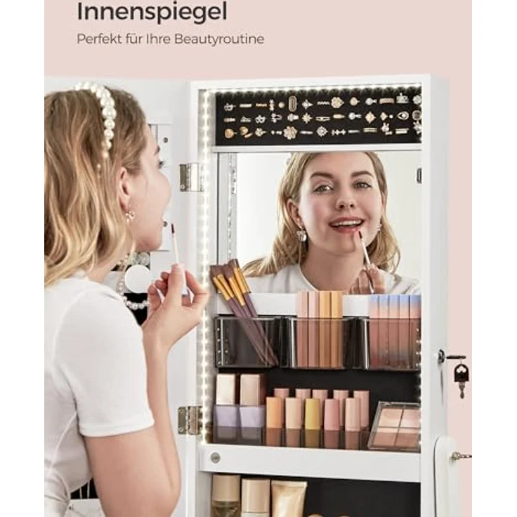 SONGMICS Schmuckschrank, Spiegelschrank, mit rahmenlosem Ganzkörperspiegel, LED-Beleuchtung, Innenspiegel, 2 Schubladen, abschließbar, wolkenweiß JJC023W01 – Bild 4