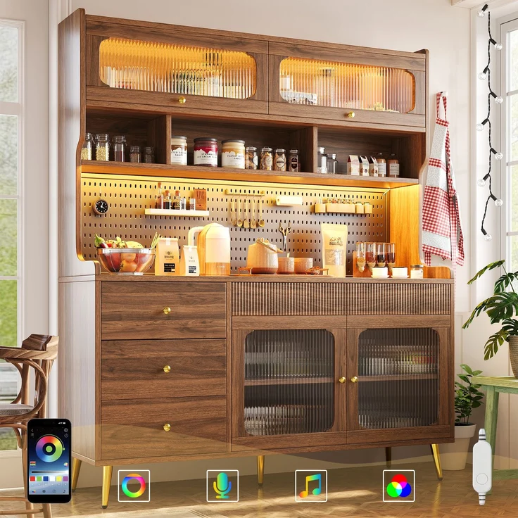 ZUBALIYA LED-Küchenschrank 145x39x171 cm, mit App-Steuerung, mit Stauraum, MDF/Glas, Nussbaum – Bild 21
