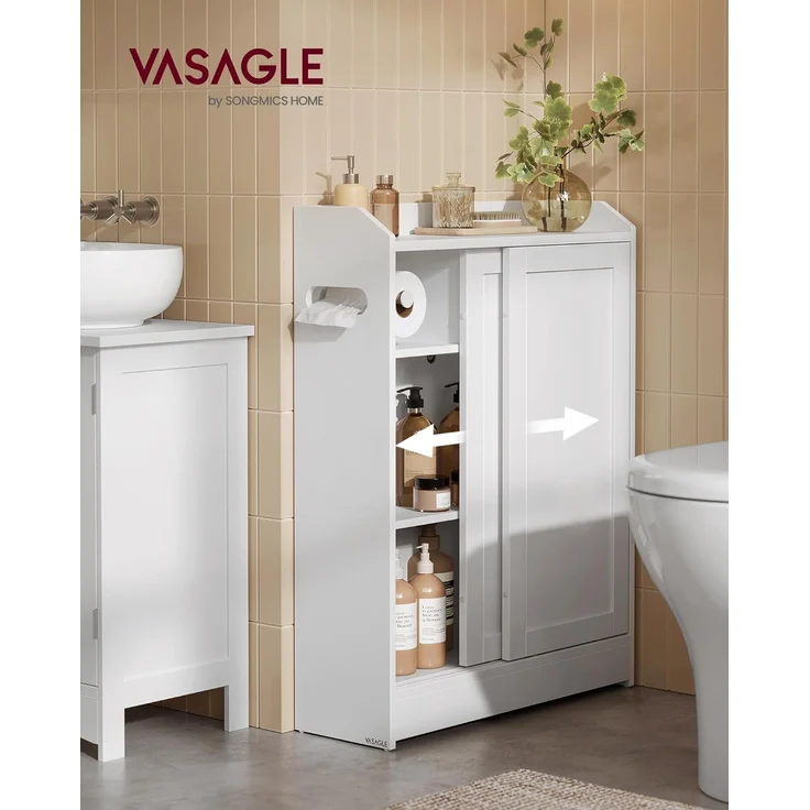 Vasagle Badezimmerschrank, Badschrank platzsparend, Toilettenrollenhalter, Toilettenbürstenhalter, Schiebetüren, verstellbare Einlegeböden, neben der Toilette, 20 x 60 x 80 cm, wolkenweiß BBC752W01 – Bild 2