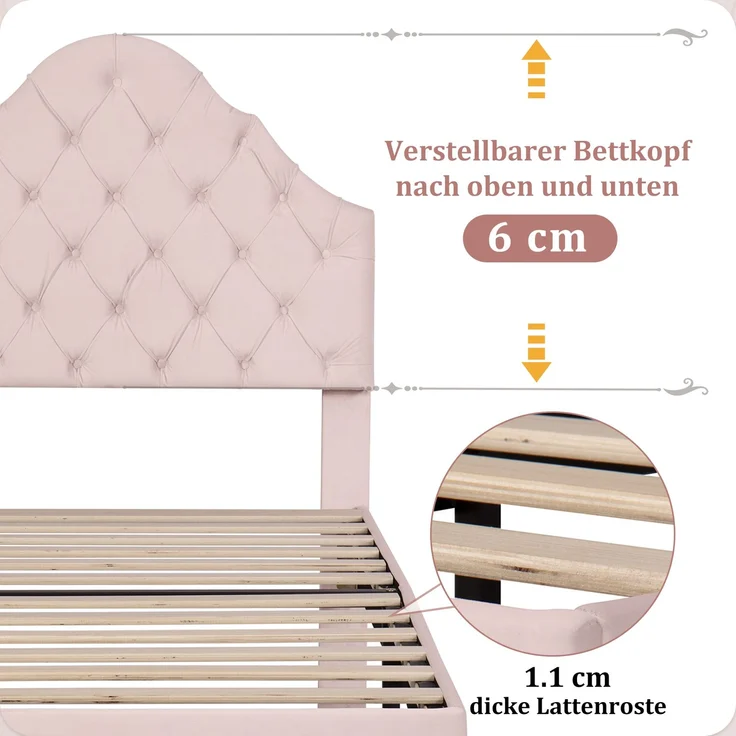 EINHOM Polsterbett 90 x 200 cm mit Lattenrost und Kopfteil, Polsterbett mit Höhenverstellbares Kopfteil, Jugendbett, Einzelbett, Holzlattenunterstützung, Einfache Montage, Samt, Rosa, (Ohne Matratze) – Bild 8