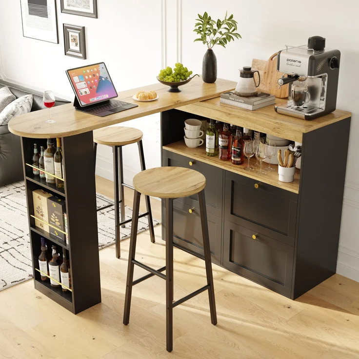 2-Set Barhocker mit Holzoptik-Sitz, 70cm, belastbar bis 150kg pro Hocker, mit zwei Fußstützen & verstellbaren Füßen, schwarzer Metallrahmen--Schwarz--30x30x70cm--YOUDENOVA – Bild 2