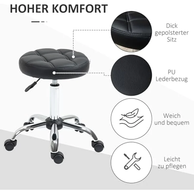 HOMCOM 2er-Set Rollhocker höhenverstellbar, Drehhocker 48-63 cm, Arbeitshocker 360° drehbar, Bürohocker für Büro, Salon, Massage, Spa, Schwarz – Bild 6