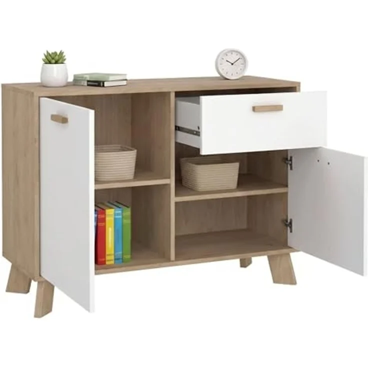 Dmora - Kommode Deirdr, Wohnzimmerbuffet, Wohnzimmer-Sideboard, Moderne Küchen-Speisekammer, 99x39 h73 cm, Eiche und Weiß – Bild 3