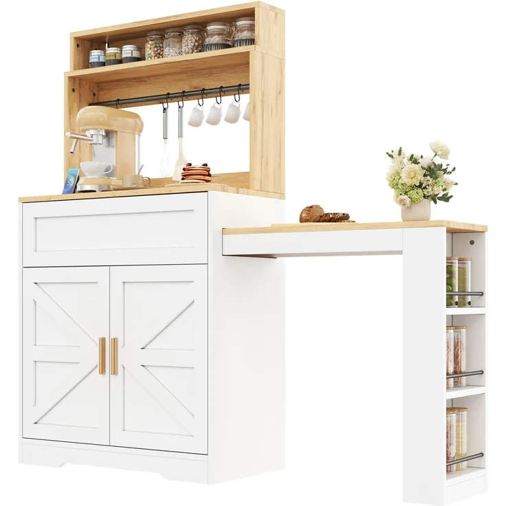 Küchenschrank 144 x 40 x 142 cm in Weiß mit ausziehbarer Arbeitsplatte und Seitenregal – Bild 6