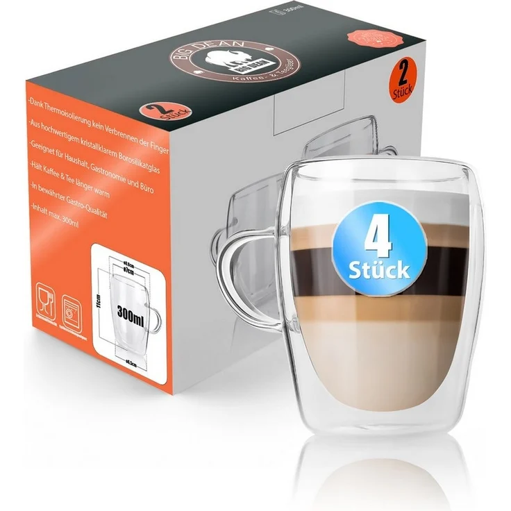 BigDean 4 Stück doppelwandige Latte Macchiato Gläser mit Henkel 300 ml Teetasse Thermogläser Teegläser Kaffeegläser in Geschenkverpackung – Bild 1