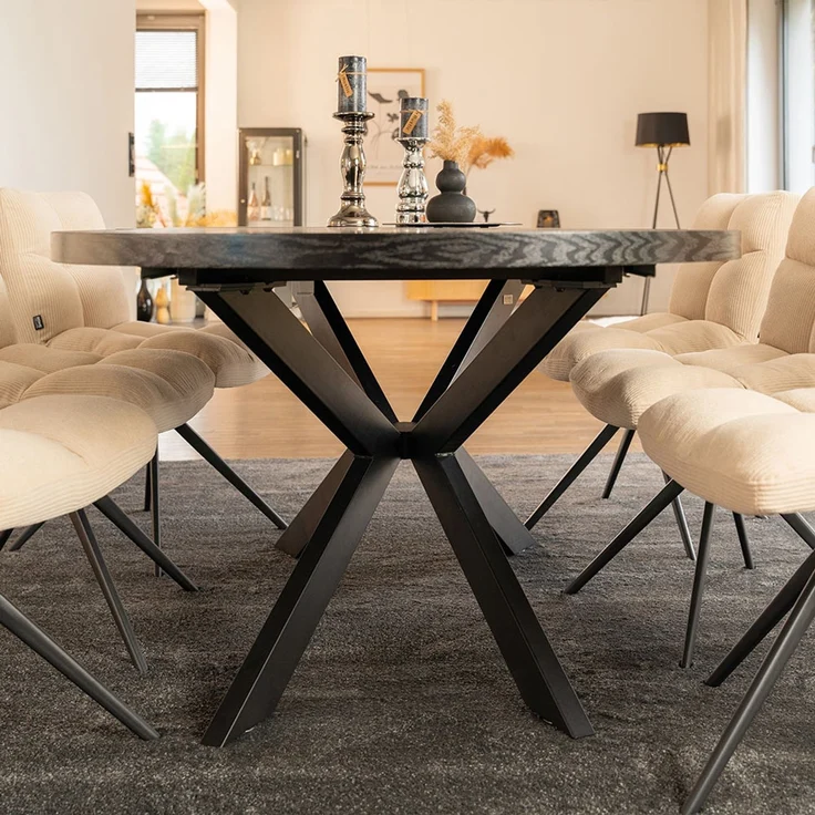 HOME DELUXE Essgruppe Rund Ausziehbar AVENTURA inkl. Sternfuß - 120-160 x 120 cm Dark Oak 6 Stühle Hellbraun – Bild 2