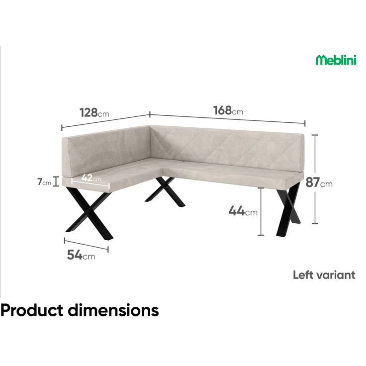 MEBLINI Eckbank für Esszimmer - Küchenbank - Essecke - Sitzecke Küche - ERIC - X-Beine 128x168x87cm Links - Beige Samt – Bild 7