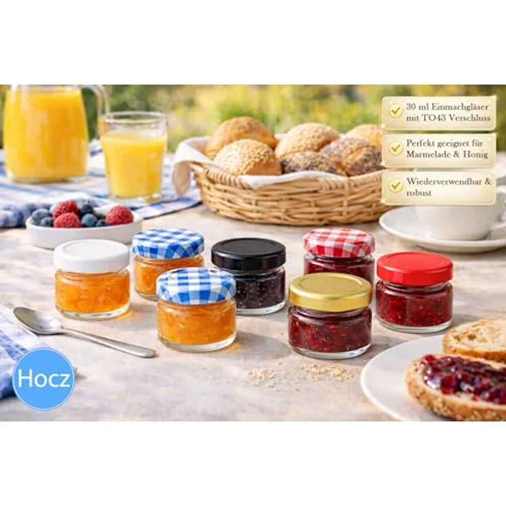 hocz 25x Mini Marmeladengläser 30 ml | mit Deckel Rot Kariert TO 43 | kleine Einmachgläser mit Schraubdeckel zum befüllen | Schraubgläser, Sturzgläser Set | leere Gläser für Marmelade | 25 Stück – Bild 3