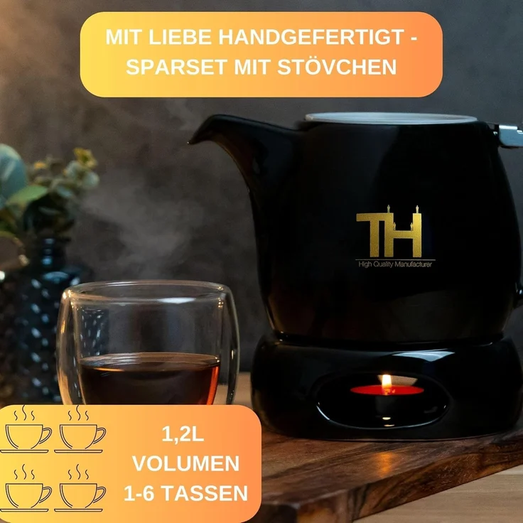 Thiru Teekanne mit Stövchen Porzellan, inkl. Edelstahl Siebeinsatz, 1.2 l, (Hitzebeständiges Porzellan aus Handarbeit), Innovative Mundform für leichtes Ausschenken – Bild 4