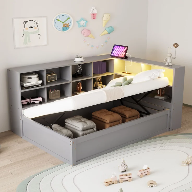 Bett 90x200 cm aus Massivholz mit Stauraum und LED-Beleuchtung – Bild 2