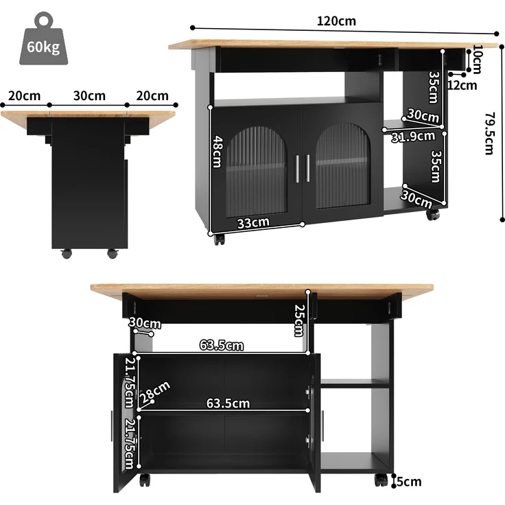 Kücheninsel 120 cm Schwarz & Natur mit klappbaren Seitenbeinen, Küchenwagen aus MDF, Metall und Glas, mit Stauraum, offenen und geschlossenen Ablagen, 79.5cmx120cmx70cm – Bild 6