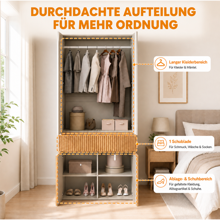 Kleiderschrank mit Kleiderstange & Schublade, 90x50x200 cm, Helle Eiche/Grau – Bild 7