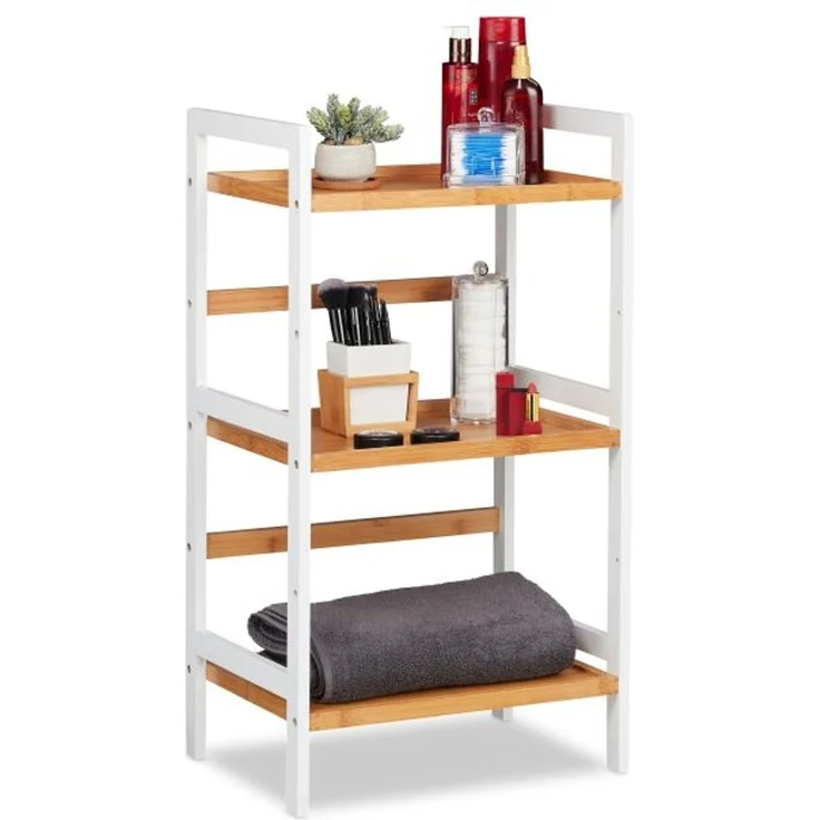 Relaxdays Badregal mit 3 Ablagen, Bambus weiß / natur, 45 x 31,5 x 80 cm – Bild 1