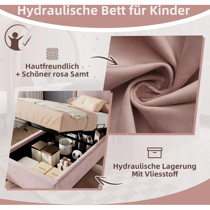 Merax Polsterbett Kinderbett, Einzelbett mit kosmischem Muster, 90 x 200 cm, Rosa, Samt für Jungen & Mädchen (Ohne Matratze) – Bild 6