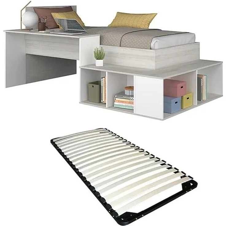 Vente-unique - Kombi-Bett 90 x 200 cm mit Stauraum & Schreibtisch + Lattenrost - Holzfarben & Weiß - RIGALI