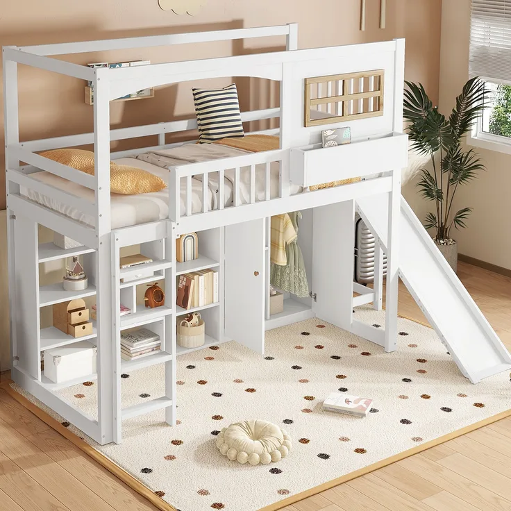 Bett 90x200 cm Etagenbett mit Rutsche und Kleiderschrank – Weißes Kiefer/MDF-Design, platzsparend
