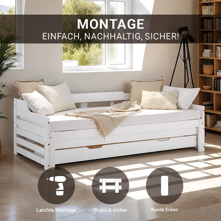 Gästebett Holzbett 90x200 cm mit 2 Matratzen Weiß Stauraum Tagesbett ausziehbar Jugendbett Ausziehbett Bett mit Bettkasten – Bild 4