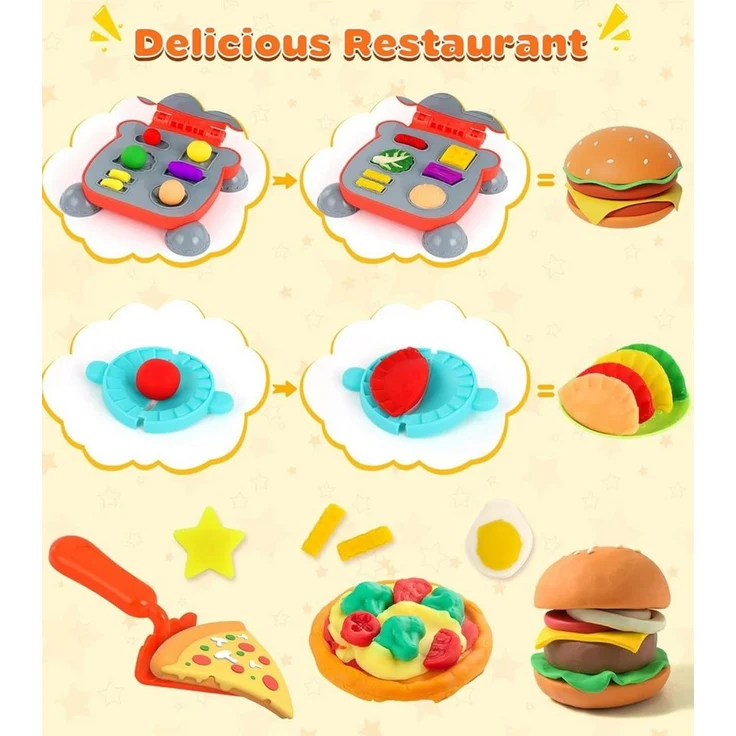 POPOLIC Wandhaken Knete Zubehör,48 St Knete Set Gehören Hamburger-Maker,Knete-Werkzeuge, (1-St, Eismaschine, Nudeln, Pizza Knetwerkzeug für Kinder Küchenspielzeug), Kitchen Creations Spielzeug Geschenk Mädchen Junge – Bild 3