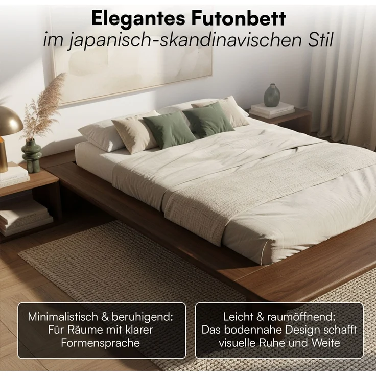 skølm 'Vestri' Futonbett 140x200 cm, Bettgestell aus Eiche Massivholz, Walnuss Optik lackiert, Massivholzbett 25 cm hoch, geeignet als Doppelbett – Bild 3