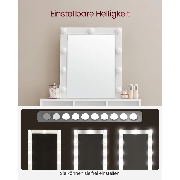 VASAGLE Schminktisch mit LED-Beleuchtung, Sitzhocker, Kosmetiktisch mit 2 Schubladen und 3 offenen Fächern, Makeup-Hocker aus Samt, für Schlafzimmer, weiß und mattweiß-pastellrosa RDT714W01 – Bild 4
