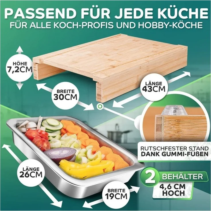 Loco Bird Schneidebrett mit Auffangschalen - 43x30x7cm groß -, Bambus, (Küchenbrett aus Bambus, 1-St, mit 2 Schalen aus Edelstahl), Ideales Küchenhelfer Gadget Set für die Küche – Bild 3