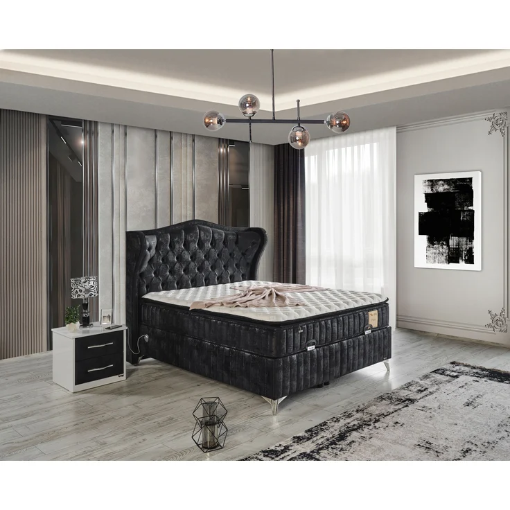 Schlafzimmer-Set "Lavendia" – Bett mit Bettkasten, Nachttisch und Matratze-Anthrazit – Bild 1