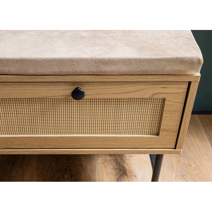 Schuhbank Eiche-Dekor 100x48x38cm mit Stauraum Rattan Sitzfläche Schubladen Flur – Bild 5