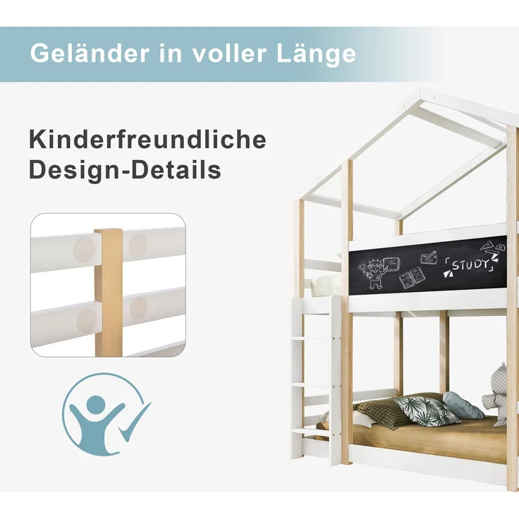 Kinderbett Baumhaus, Massivholz mit Leiter, 90x200 cm, Natur & Weiß, ohne Matratze – Bild 9