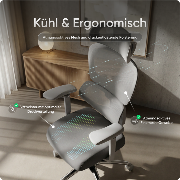 DESKSPACE Move Pro Ergonomischer Bürostuhl - Höhenverstellbarer Drehstuhl 3-stufiger Neigung Schreibtischstuhl, Bürodrehstuhl 150 kg Grau – Bild 5