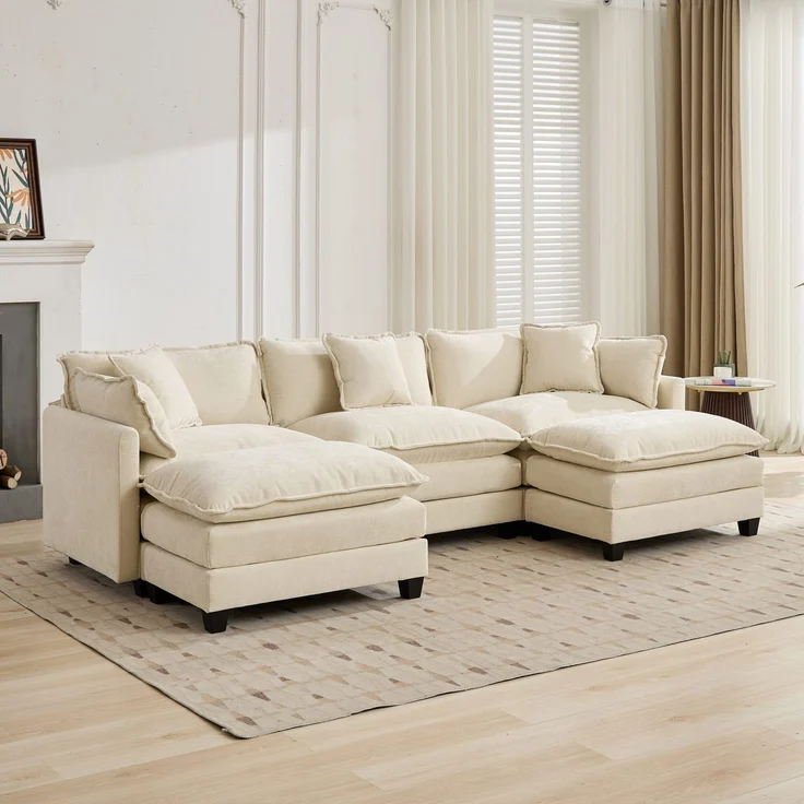 ZUBALIYA Sofa mit LED - Beleuchtung, mit Chenille - Bezug, mit Cordbezug, modular aufgebaut, aus Chenille, Beige – Bild 15