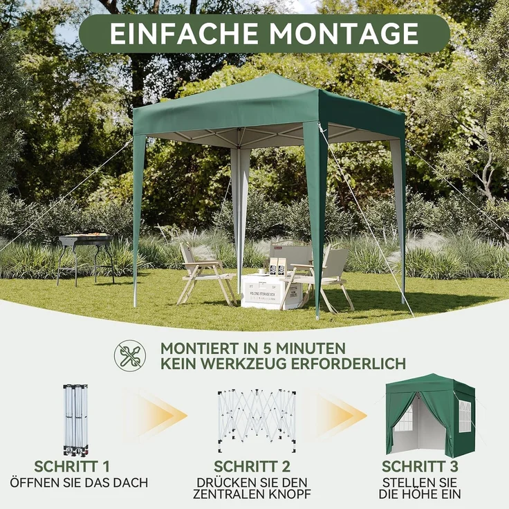 Aoxun Pop Up Pavillon 2x2m Wasserdicht mit 4 Seitenwänden, Metallrahmen-Schutzzelt, Höhe Verstellbar, Faltpavillon 2x2 mit Tragetasche für Camping Party, Grün – Bild 7