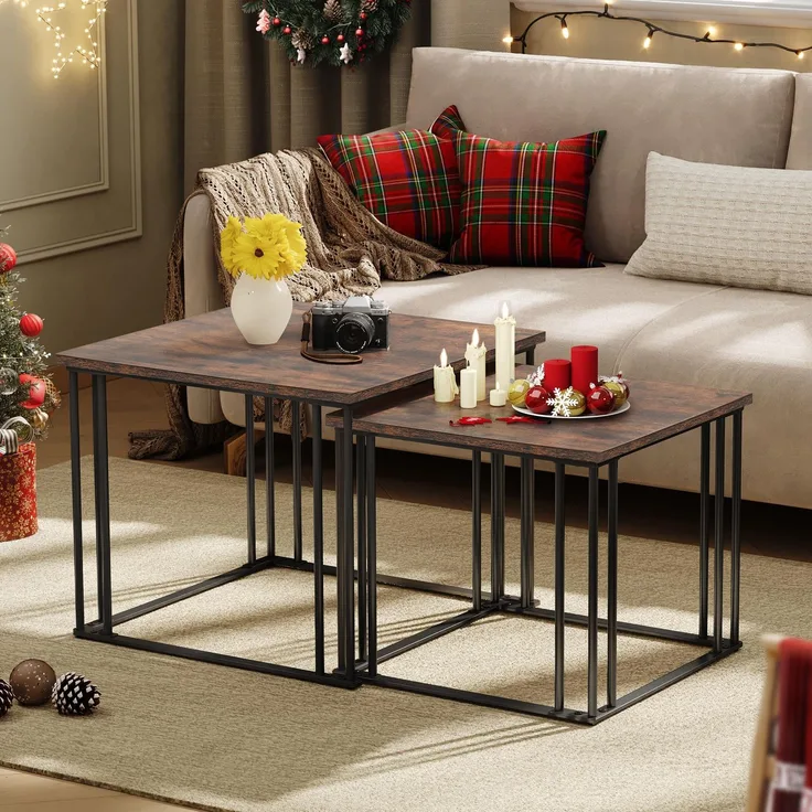 YITAHOME Couchtisch 2er Set, Wohnzimmertisch Holz mit Metallrahmen, Modern Bauernhaus Cocktail für Wohnzimmer Esszimmer Küche