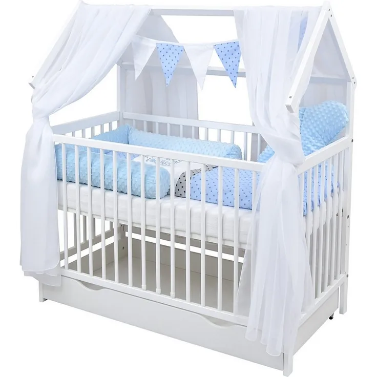 Baby-Delux Komplettbett Hausbett Babybett Schublade Schutzgitter Beißschienen Komplettset, 11-tlg, Kinderbett 60x120 cm weiß, Bettset verschiedene Designs