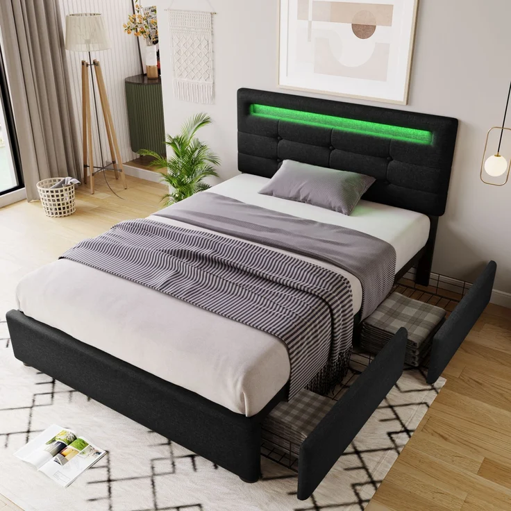 Einzelbett 90 × 200 cm mit LED-Beleuchtung, verstellbarem Kopfteil, 2 Schubladen, Leinenbezug in Schwarz, modernes Design – Bild 7