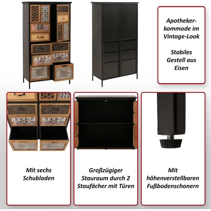 MCW Apothekerschrank MCW-O80-nbM Mit sechs Schubladen, Im Vintage-Look – Bild 2