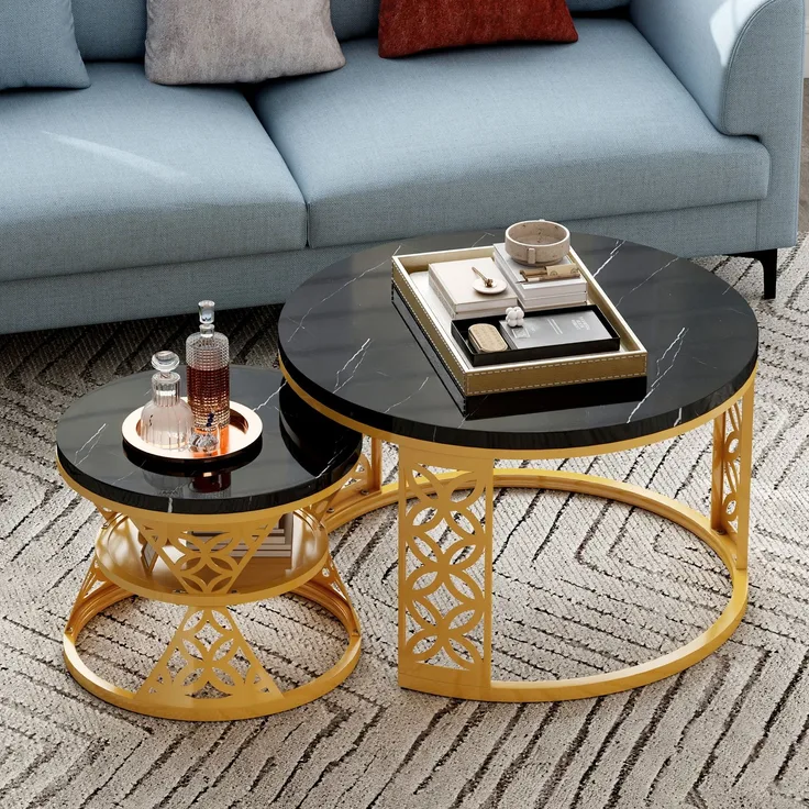 2er-Set Couchtisch nestbar 70x70x45 + 45x45x37 cm, Marmor-Furnier, Metallrahmen, Kontrastdesign