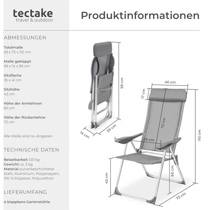 tectake® 4er Set Gartenstuhl Hochlehner, Gartenstühle, Essstühle Aluminium, Klappstuhl 5-Fach verstellbar mit Armlehnen, Sessel mit Liegefunktion, Gartenmöbel, Möbel für Terrasse und Camping - grau – Bild 4