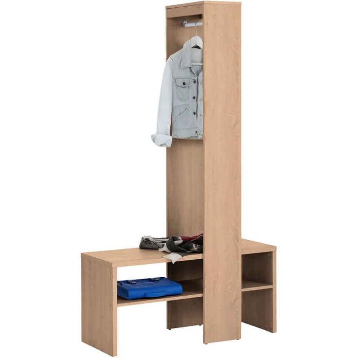 loft24 Kompaktgarderobe Henry - Garderobe Kleiderschrank Dielenschrank Schrank Garderobe mit Kleiderstange und Schuhbank, Eichenoptik, Landhausstil – Bild 4