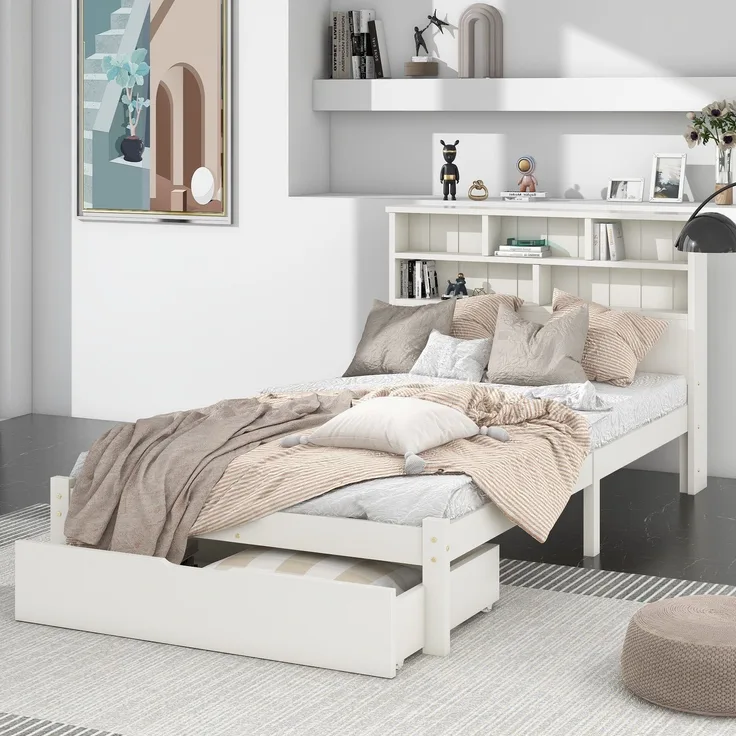 Holzbett, Einzelbett inkl. Schublade und Lattenrost, Kopfteil mit Regal, 90x200 cm, Holzbett aus Kiefer, Jugendbett