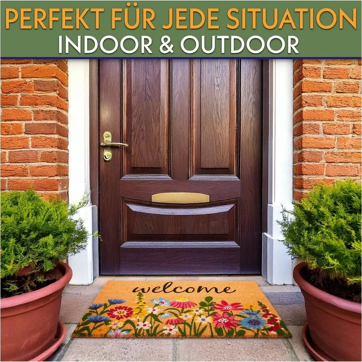 BRUBAKER Fußmatte Blumen und Pflanzen - 45 x 75 cm Schmutzfangmatte - Kokos Fußabtreter, Rechteckig, Höhe: 16 mm, Antirutsch Türmatte für Außen und Innen - Wetterfest und Rutschfest – Bild 2