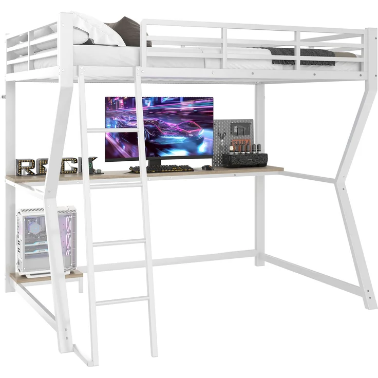 Hochbett, 90*200cm , Mit LED-Leuchten, Computerkonsolenablage, Schreibtisch, Steckdose+USB, Geländer, Treppe, ohne Matratze, Weiß – Bild 8