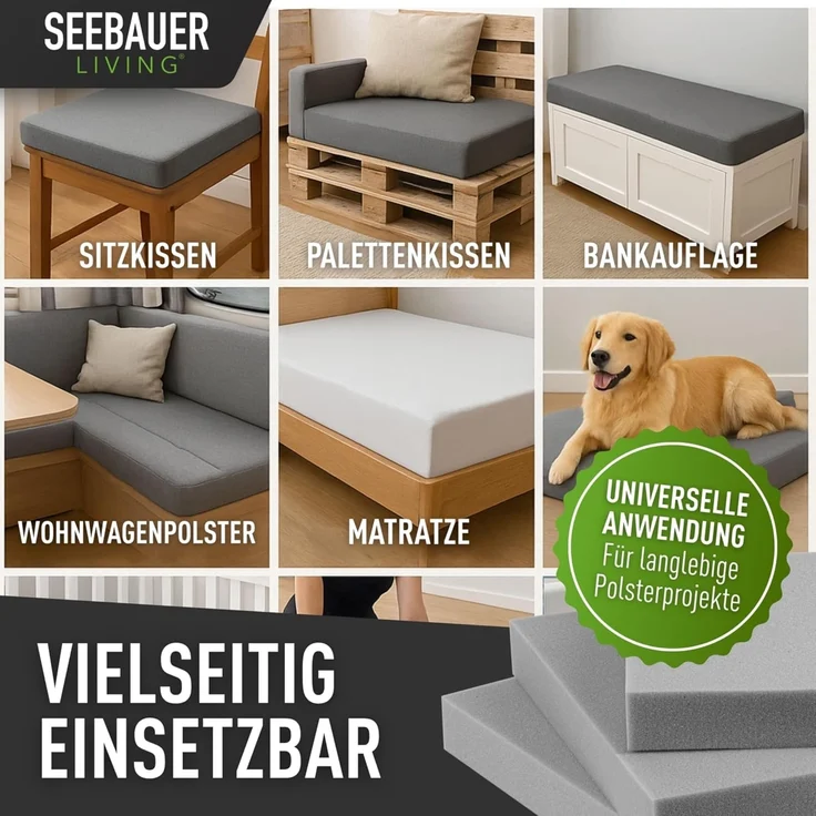 SEEBAUER Living Schaumstoff MEDIUM RG 35/40 (Mittelfest) 50 x 50 x 12 cm Schaumstoffplatte für Polster und Sitzkissen, Polsterschaumstoff als Zuschnitt für Sitzpolster – Bild 3