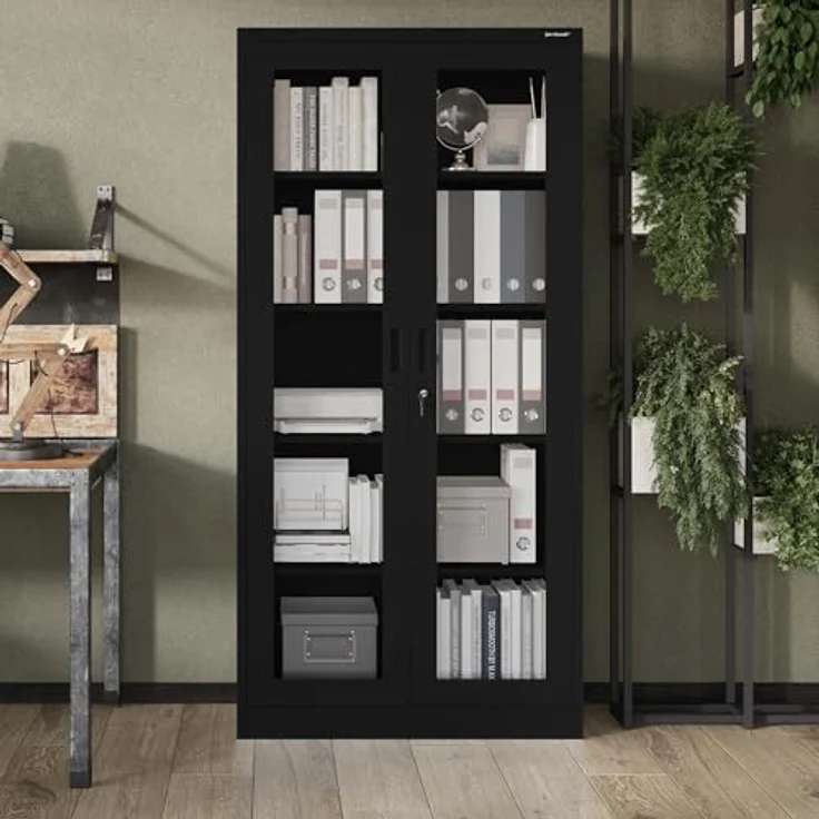 Jan Nowak Aktenschrank C012 Glasvitrine Büroschrank Universalschrank Flügeltürschrank Stahlblech Pulverbeschichtung abschließbar 185 cm x 90 cm x 40 cm (Schwarz) – Bild 4