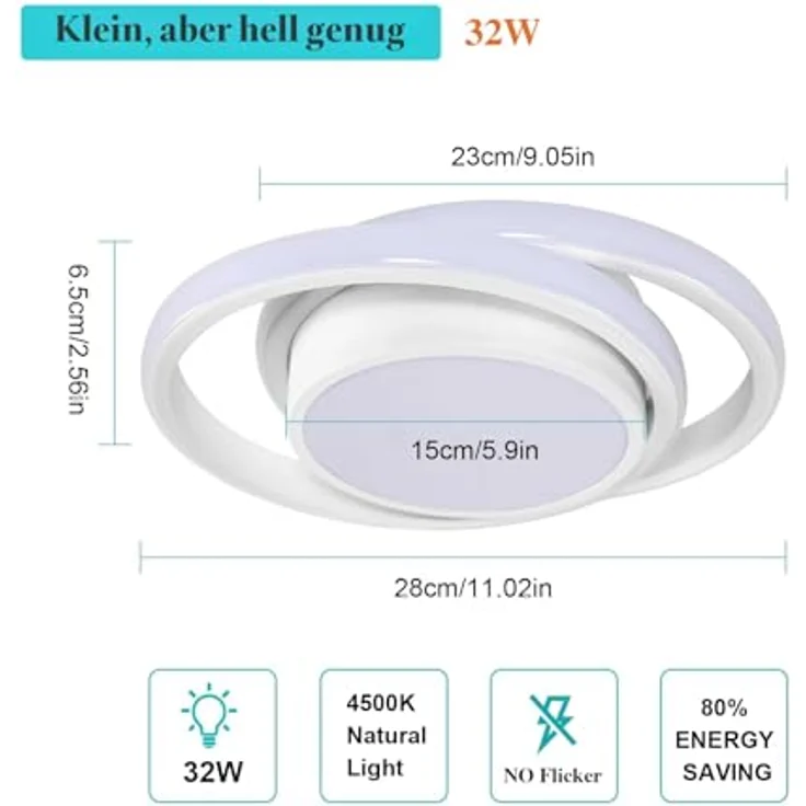 Comely Deckenlampe LED, 32W LED Deckenleuchte Rund, 2350LM Modern LED Deckenlampe für Schlafzimmer Badezimmer Küche Gang Balkon, 4500K Neutrales Licht Durchmesser 280mm – Bild 5