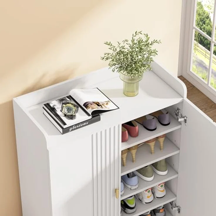 LITTLE TREE Schuhschrank für den Eingangsbereich: 6-stöckiger Schuh-Organizer, schmal, freistehend, Holz-Schuhregal mit Türen, verstellbare Einlegeböden für Flur, Schrank, Wohnzimmer – Bild 7