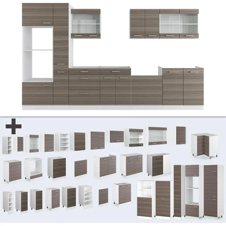 Küchenzeile R-Line Edelgrau/Weiß 350 cm mit Hochschrank, ohne Arbeitsplatte Vicco – Bild 7